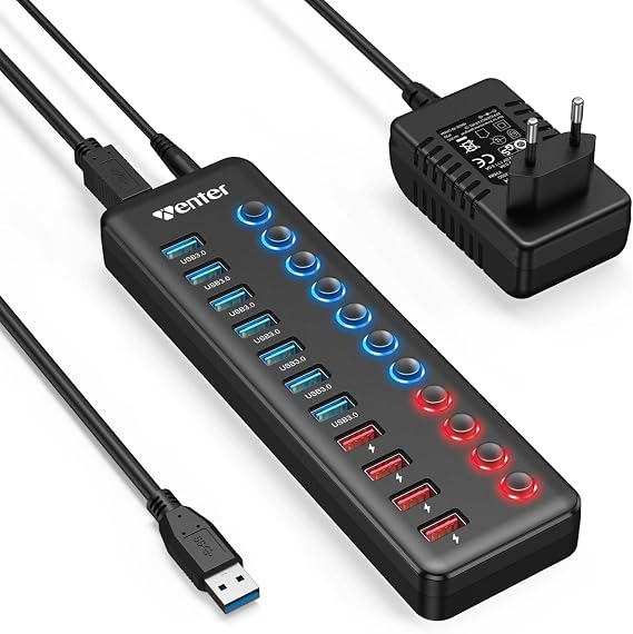 USB Hub with Power Supply 36 W WENTER 11 in 1 USB Hub Active 3.0 USB Hubs Active with 1 Intelligent Charging Port and 12 V/3 A Power Supply Adapter 7 USB 3.0 Ports and 4 Ports Quick Charger