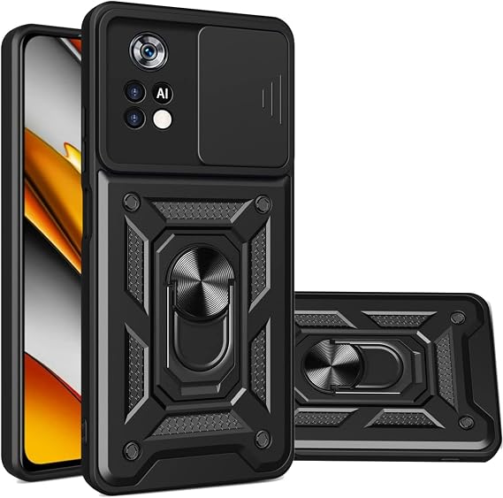 CCSmall 頑丈なケース Xiaomi Poco M4 Pro 4G 5Gではありません スライドカメラウィンドウ付き 高耐久 ミリタリーグレードの保護電話カバー内蔵 360°回転リングスタンド Poco M4 Pro 4G SJ用 ブラック