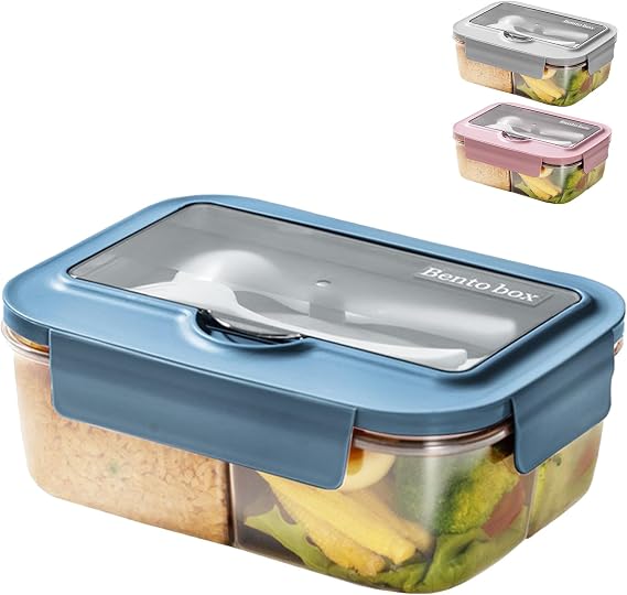 BRYN 1400ml Lunch Box with Compartments, Bento Box, Microwave Safe, Sealed Lunch Box with Cutlery for Picnic, Camping, Fitness, School, Offices (Blue)