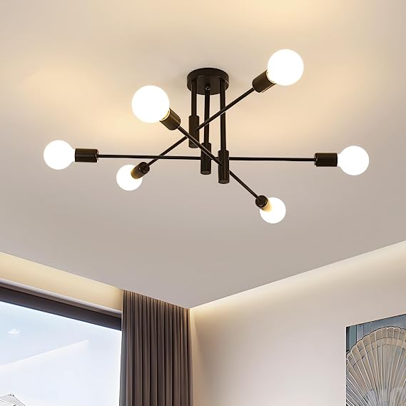 Dorlink Sputnik Ceiling Light, 6-Light Matte Black Flush Mount Ceiling Light, Industrial E27 Sputnik Chandelier, Mid-Century Light Fixture for Bedroom, Dining Room, Living Room, Kitchen [Energy Class E]