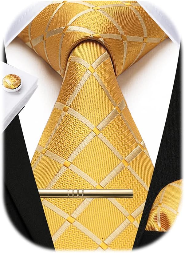 HISDERN Men's Plaid Tie and Pocket Square Set Handkerchief Cufflink Tie Clip Set Formal Wedding Party Gifts Necktie For Men
