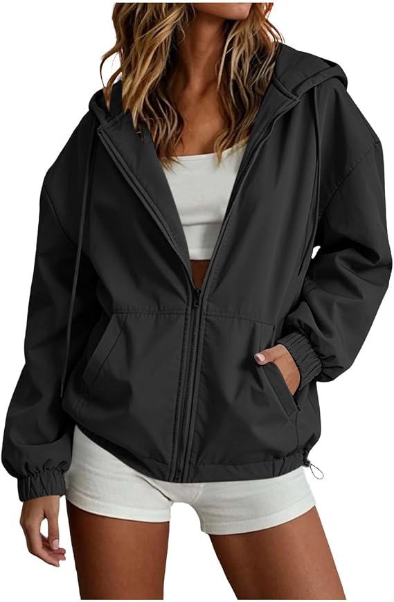 Cropped Waterproof Jackets Trendy Windbreaker Bomber Jacket Lightweight Hoodies Outerwear Ladies Outdoor Raincoat Sun Protection Zip Up Coat Light Water Resistant Drawstring Hood Overcoat with Pockets