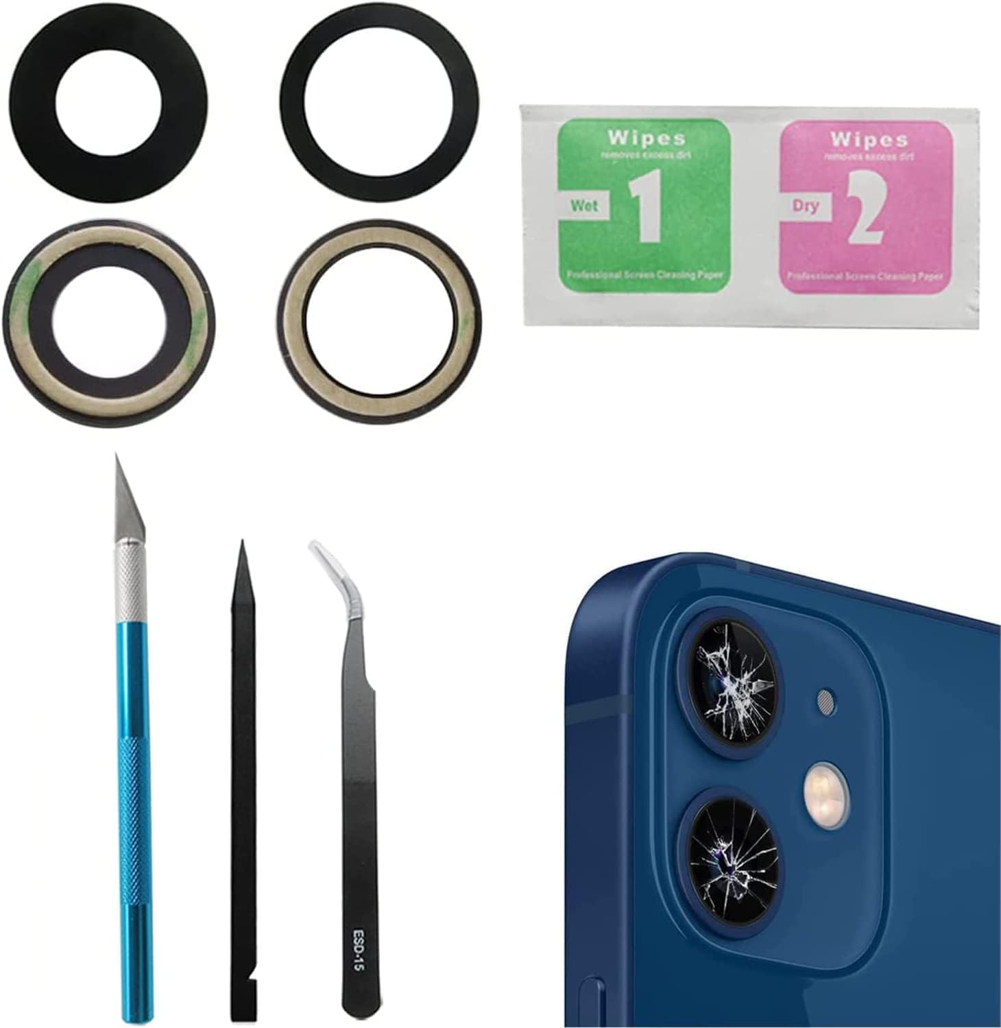 12 12Mini Back Camera Lens Replacement for iPhone 12 iPhone 12 Mini Rear Camera Glass Lens Replacement with Preinstalled Adhesive and Repair Tool Kit, Anti-Lens Scratch