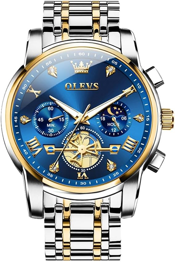 OLEVS Men's Stainless Steel Chronograph Watch, Large Face Easy to Read Roman Numerals Business Dress Male Wristwatch, Classic Waterproof Luminous Analog Quartz Watches for Men
