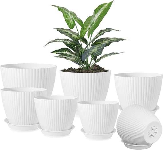 7 Pcs Plant Pots Indoor,18/17/16/14/13/11/10cm Indoor Outdoor Plant Pots,Large Plastic Flower Pots with Drainage Holes and Trays,Suitable for House Plant Flower (White)