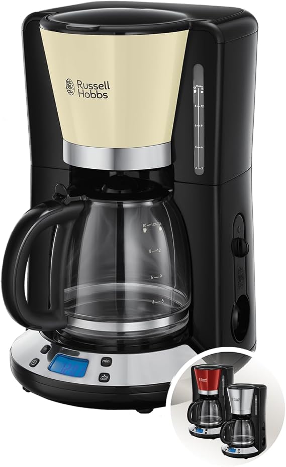 Russell Hobbs Colours Plus Drip Coffee Maker – 15 Cups, Glass Jug 1.5L, Removable Filter Holder, WhirlTech Technology, Measuring Spoon, LCD Display, Programmable, Black and Cream – 24033-56
