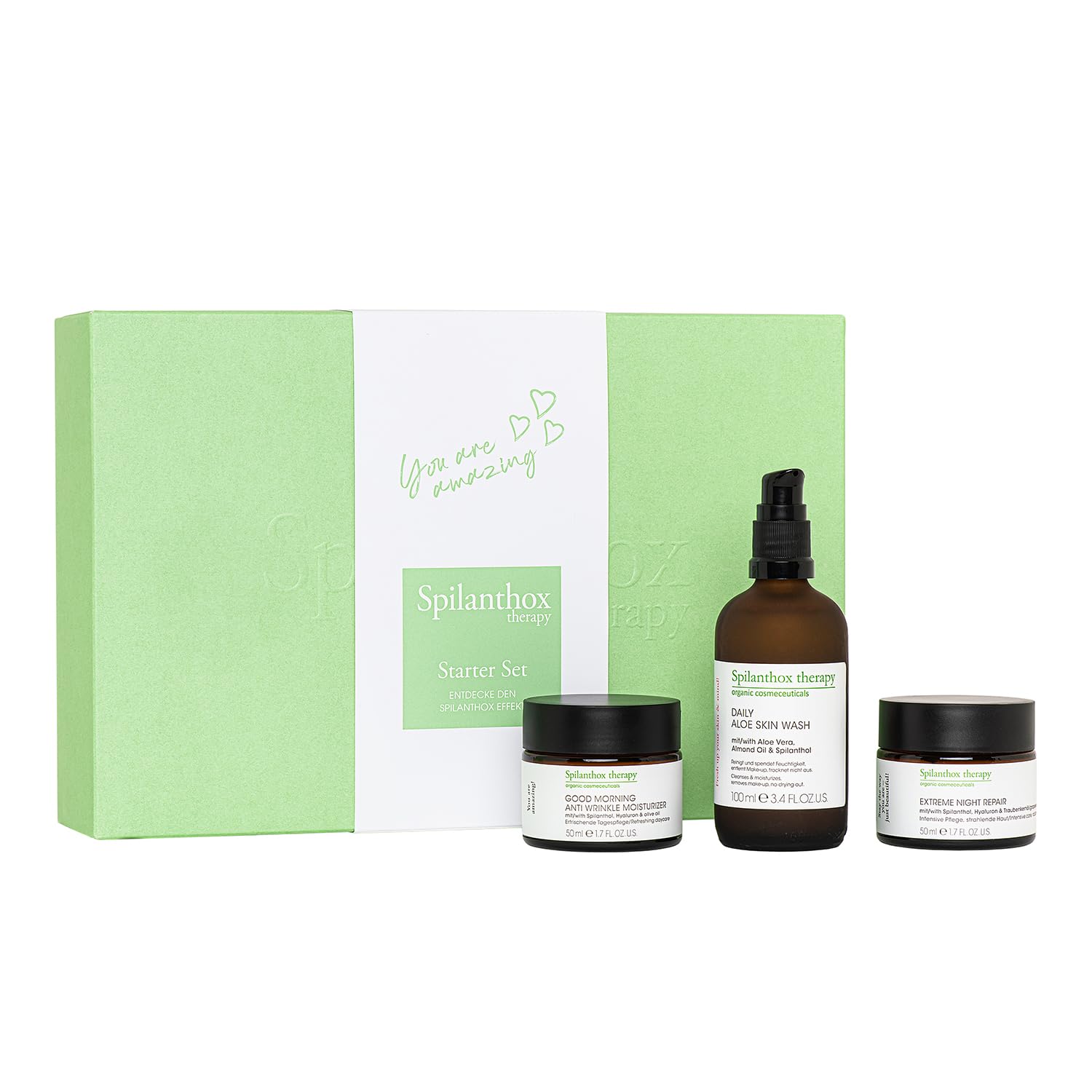 Spilanthox therapy - Starter Set - With Anti Wrinkle Moisturiser (30 ml) Aloe Skin Wash (100 ml) Eye Lifting Fluid (15 ml) & Night Repair (100 ml) - Anti-Ageing Face Care Set with Spilanthol