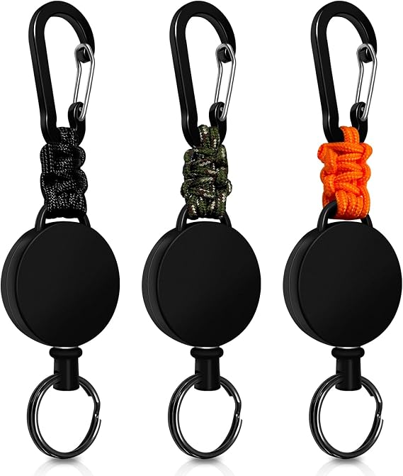 Retractable Key Fob 3 Pieces Key Ring Lanyard Extendable ID Card Yo-Yo with 60 cm Steel Wire Cord Pass Holder with Carabiner Black Orange Green