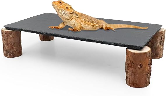Bearded Dragon Basking Platform, Slate Rocks for Reptiles with Wooden Pile, Leopard Gecko Hides and Caves, Reptile Tank Accessories for Bearded Dragons Geckos Ball Pythons Tortoise - 40 × 20 × 7.8 cm