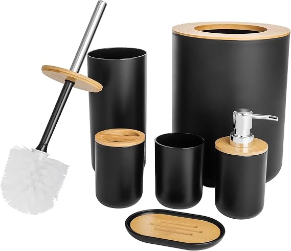 Bathroom Accessories Set 6 Piece Bin Toilet Brush Soap Black