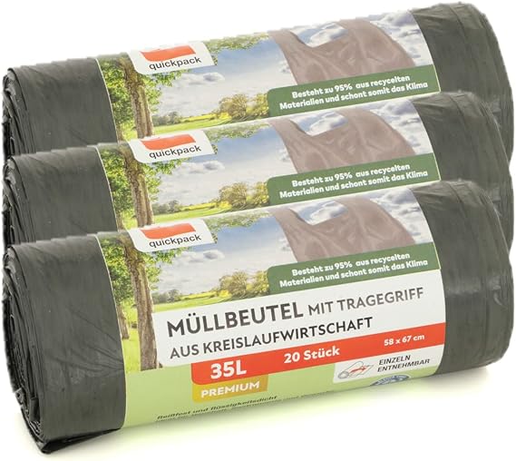 Grey Bin Liners with Handle 95% Recycled Material (Grey, 35 Litres, Pack of 3)