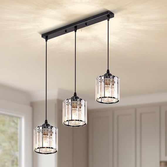 Warmiehomy Crystal Chandelier 3 Lights, Height Adjustable, Round, Black [Energy Class A+++]