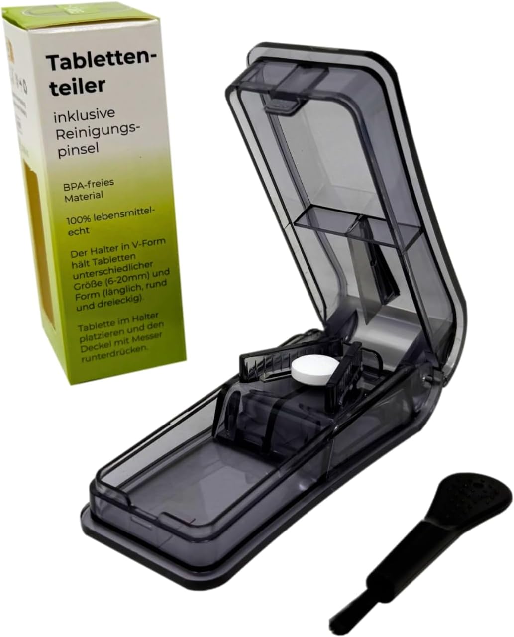 LisaCare Tablettenschneider für Medikamente - Tablettenteiler 1/4 - Pill Splitter Pillenteiler - Portable Pill Cutter inkl. Reinigungspinsel & Aufbewahrung im Boden (Schwarz)
