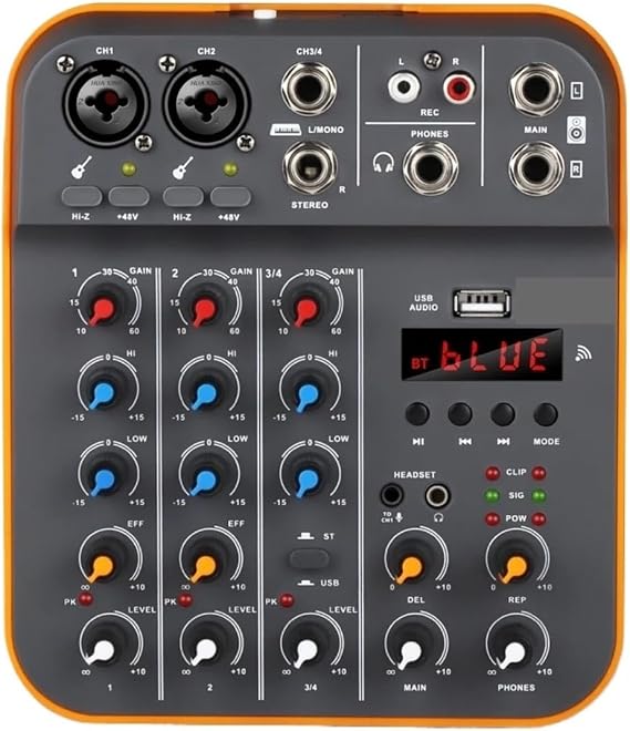 DJ Controller, 4-Channel Tuner, DJ Console With Bluetooth 5.0 48V Phantom Power USB Sound Card For Computer Recording,