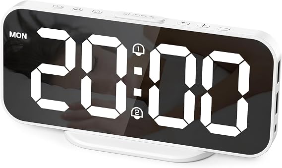 Digital Alarm Clock LED Display Large Clear Mirror Powered by Electric USB Cable, Digital Alarm Clock Brightness Adjustable with Snooze, 2 USB Charging Ports, Includes Adapter