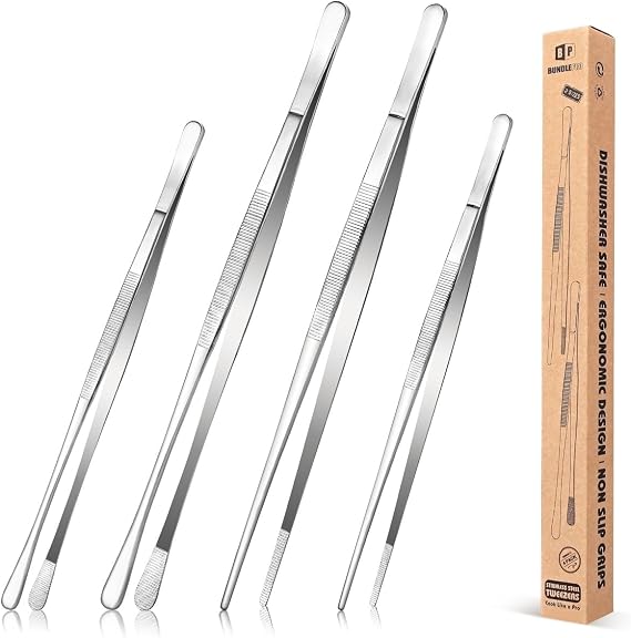 Set of 4 Fine Tweezers Pliers 12 Inch and 10 Inch Stainless Steel Tweezers Set Professional Silver Kitchen Tweezers for Cooking Repairing Seafood and Grilling