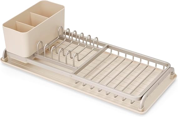 Brabantia SinkSide Compact Dish Drying Rack (Soft Beige), Space-Saving Organiser with Removable Cutlery Basket, Versatile Sink Drainer for Dishes and Kitchen Accessories