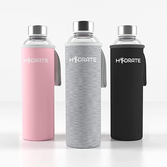 Hydrate Borosilicate Glass Water Bottle, 550ml With Neoprene Carrying Sleeve | Eco Friendly & BPA-Free | Ideal For Cold & Hot Drinks | Grey