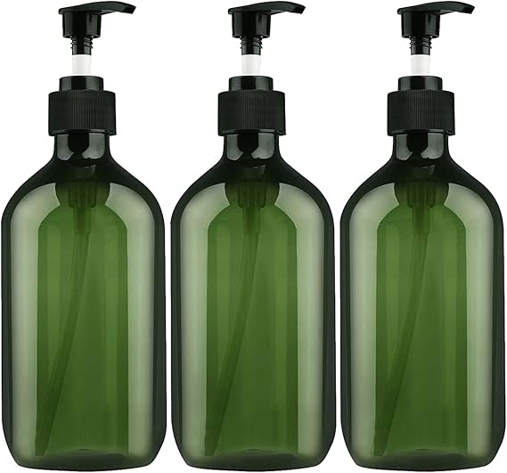3 Pack Green Pump Bottle Dispenser, Empty Plastic Refillable Lotion Soap Shampoo Dispenser Containers with Pump, Show Soap Dispenser Bottles, BPA/Paraben Free, 500ml/16.9oz