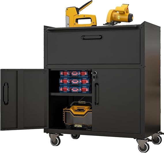 IKIMI Metal Tool Storage Cabinet on Wheels, 1 Drawer, 2 Lockable Doors & Adjustable Shelf, Rolling Garage Cabinet, Assembly Required