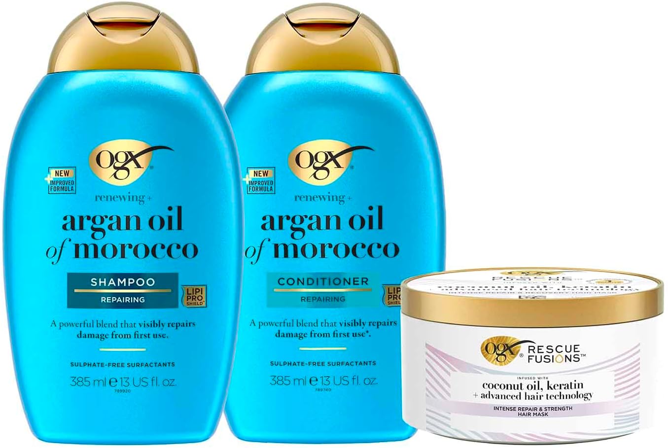 OGX Repair & Hydration Bundle for Dry Hair, Argan Oil of Morocco Shampoo 385ml and Conditioner 385ml, and Rescue Fusions Intense Repair and Strength Recovery Hair Mask 285ml, For All Hair Types