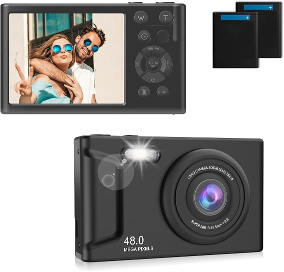 Digital Camera 4K, Nvgfelis 48MP Compact Point and Shoot Camera with 32GB Card, 2×1050mAh Batteries, 16X Zoom Anti-Shake, Portable Small Digital Camera Gift for Students, Kids & Teens (4K-Black-32GB)