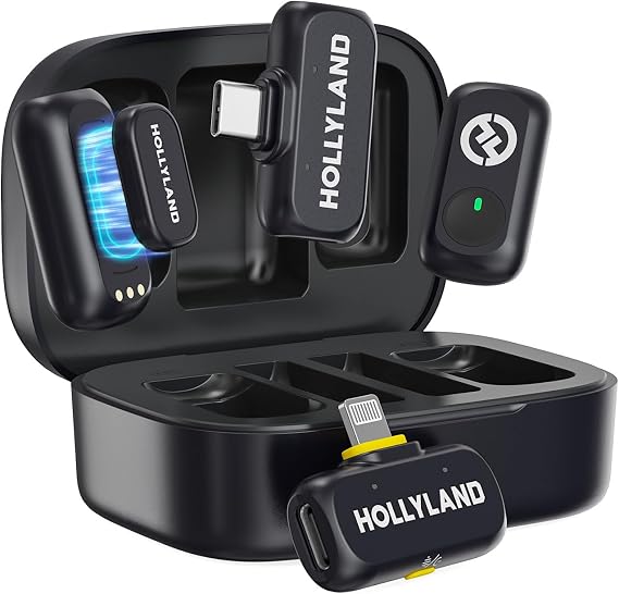 2025 New ModelHOLLYLAND LARK A1 Duo Wireless Microphone - Pin Microphone Compatible with iPhone/Android Transmitter x2 + Lightning/Type-C Receiver x1 + Charging Case x1 200m Transmission Distance