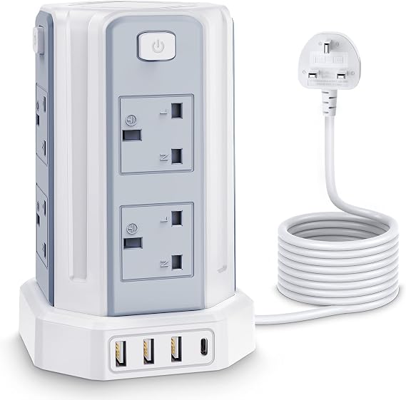Tower Extension Lead with USB Solts 3M,[13A 3250W] 8 Outlets and 4 USB Charging Ports Extension Cable Surge Protected Power Strip with 3M Long Extension Cord, Tower Charing Station for Home and Office