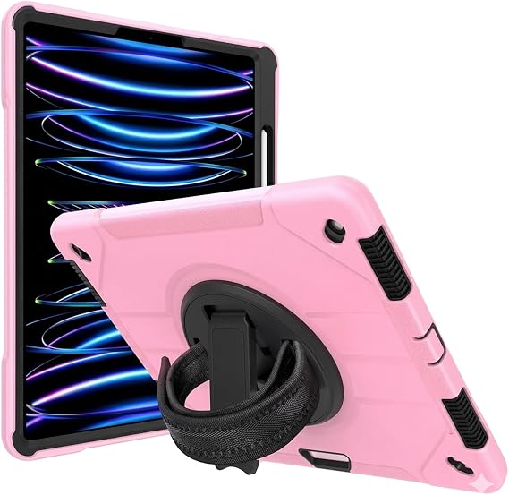 Heavy Duty Case for iPad Pro 12.9 inch (2022/2021/2020/2018, 6th/5th/4th/3rd Gen), Military Grade 3-Layer Full Body Rugged Cover Kickstand, Pencil Holder, Hand Strap (Pink Black)