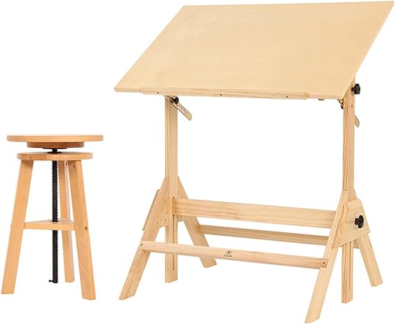Solid Wood Drawing Table, Height Adjustable Tilting Tabletop Artist Drawing Desk, Writing Desk Studio Desk with Liftable Stool
