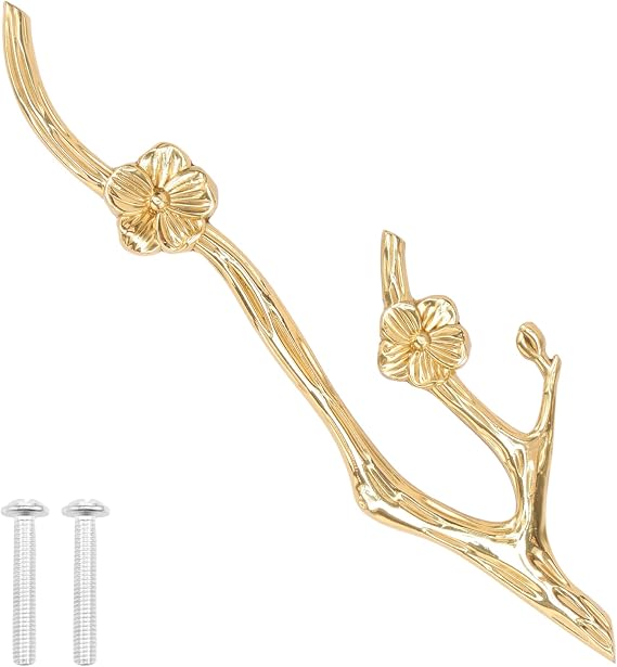 Twig Drawer Pulls Decorative Flower Branch Shaped Dresser Knob Brass Branch Cabinet Handle Knobs Pulls Handles for Dresser Cabinet Farmhouse (Golden)(Left)