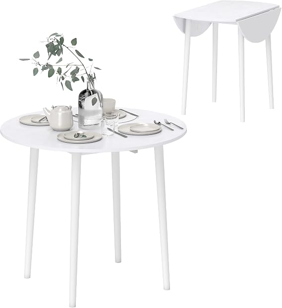 HOMCOM Folding Dining Table for 4 Round Drop Leaf Table, Modern, White
