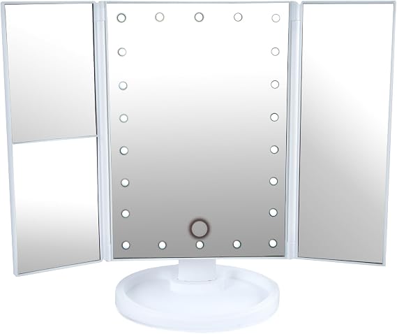 NSA Tri Folding Makeup Vanity Mirror with Lights - 22 LED Table Mirror with 2X/3X Magnification, 180° Rotation, and Dual Power Supply - Travel Makeup Mirror with Adjustable Dimming Touch Sensor