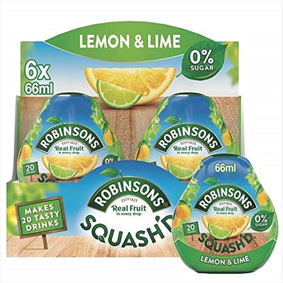 Robinsons SQUASH'D, No Added Sugar, Real Fruit, Lemon & Lime, Makes 20 Drinks Per Pack, 6 Packs
