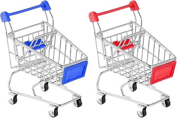 2 Pcs Mini Shopping Trolley,Mini Shopping Cart Mini Trolley Mini Supermarket Handcart,Mini Shopping Grocery Basket for Kids Adults Desktop Decoration Make Up Holder Rack Storage (Red)