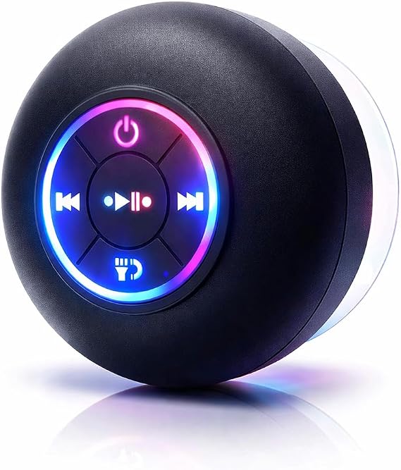 Mini Waterproof Speaker LED Portable Connect With BLUETOOTH Touch Control Suction Mount Base, Compatible With Phones and Tablets, Black Speakers Audio Studio Listening In Shower, Bathroom