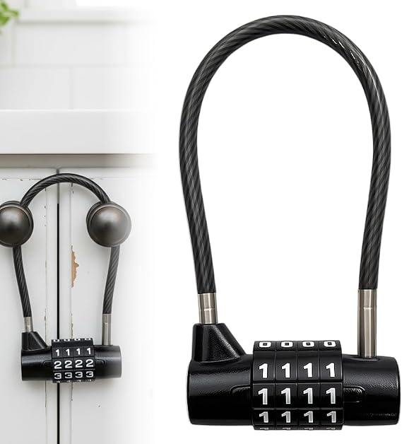 4 Digit Combination Padlock, with with Steel Cable, Security Lock Waterproof Outdoor for Gym Locker, Luggage Cable Lock for Travel Bag, Cabinet Door Handle, Small Handheld Anti-Rust Safety Lock