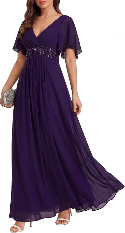 Ever-Pretty Women's Chiffon V Neck Short Sleeves Appliques Formal Evening Dresses Bridesmaid 01960
