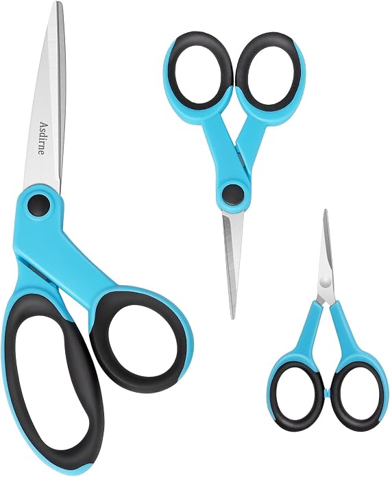 Asdirne Fabric Scissors Set - Sharp Stainless Steel Blades, Soft Handles - Sewing, Craft & Embroidery Scissors - 3PCs, Blue/Black