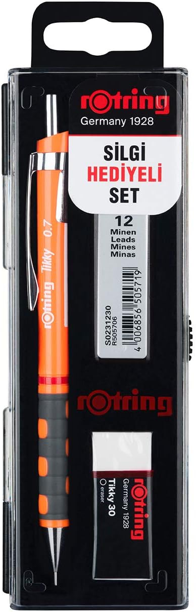 rOtring Tikky Mekanik Kurşun Kalem, Uç ve Silgi Seti, 0,7 mm Kalem, 2B Uç, Orta Boy Silgi, Neon Turuncu, 3'lü Set