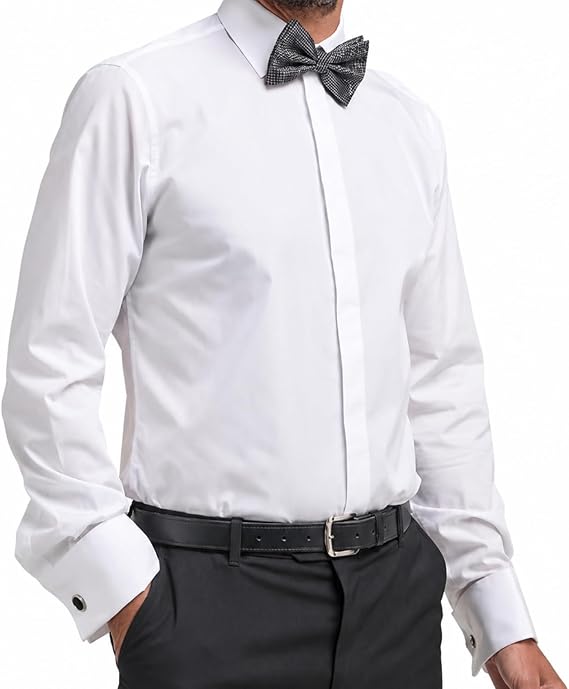 DoubleTWO - Men's White Plain Front Tuxedo Shirt with Double Cuffs Formal Dress Shirt - Classic Fit - Standard Collar, Twin Pleat Back (Bow Tie not Inc)