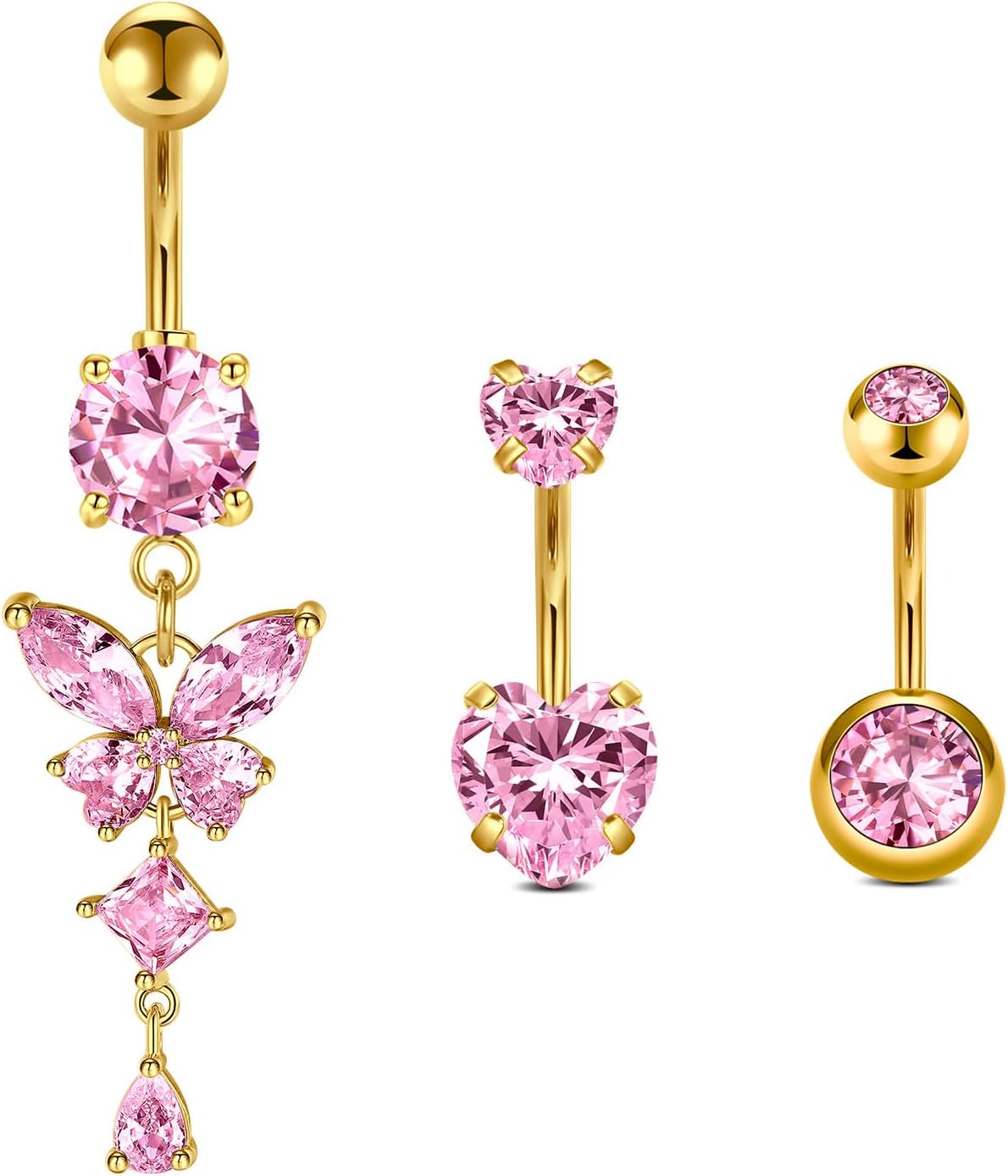 Briana Williams 14G Belly Button Bar Ring Silver Gold Stainless Steel Butterfly Heart Navel Piercing 10mm Pink Purple CZ Belly Jewelry for girl women