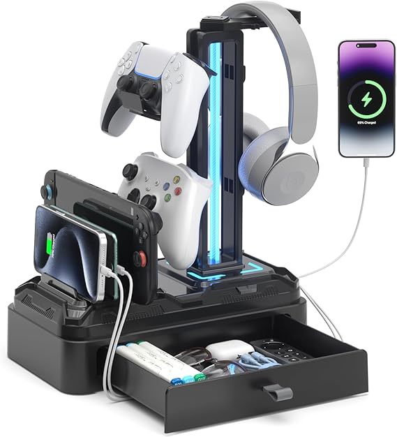 KDD Headphone Stand with USB A & C Charger Port - RGB Controller Stand with Detachable Hooks - Rotatable Headset Hanger & Device Slot for Phones/Tablets - Drawer Storage Base for Gaming Desk Organizer