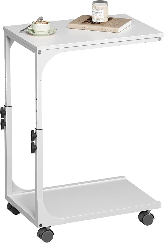 WLIVE Mobile C-Shaped Side Table, Adjustable Bed Table on Wheels,White