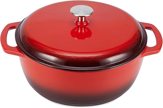 Amazon Basics Enameled Cast Iron Round Casserole with Lid, 5.7 L, Red