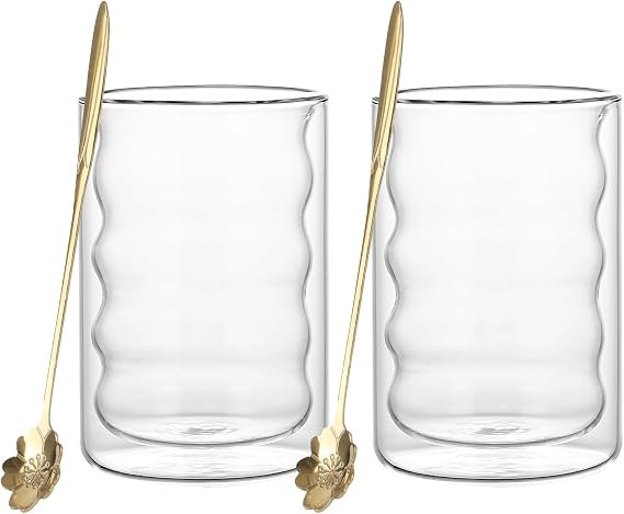 2 Pack 400ml Double Wall Glass Coffee Mugs with Spoons - Borosilicate Heat Resistant Cups for Cappuccino, Latte, Tea & Ice Cream