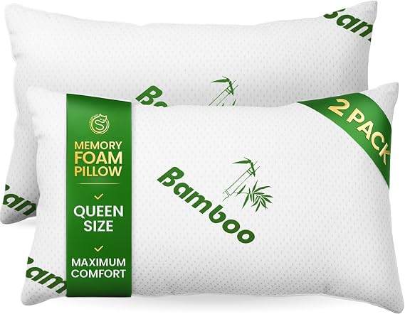 Sleepavo Shredded Memory Foam Pillows 2 Pack – Cooling Pillows for Hot Sleepers, Firm Pillows for Side, Back & Stomach Sleepers, Queen-Size Bamboo Pillow