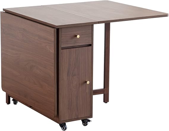 COMUHOME Extending Dining Table Foldable Dining Table with 2 Drawers and 4 Casters for Living Room Kitchen Farmhouse Space Saving Walnut