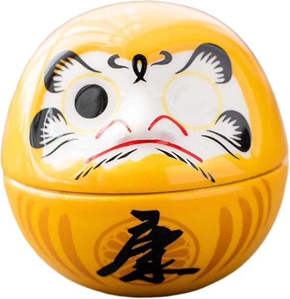 HouseVibe Small Ceramic Daruma Doll, Japanese Dharma Good Luck Charm Miniature Sculpture for Home & Restaurant Decor- Yellow