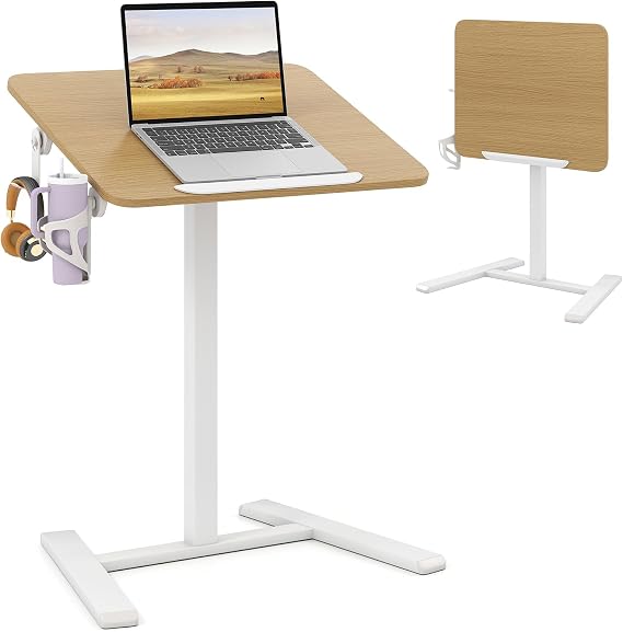 COSTWAY Foldable Mobile Standing Desk, Height Adjustable Laptop Overbed Table with 90° Tiltable Tabletop, Hook & Cup Holder, Rolling Computer Desk Workstation Teacher Podium (60 x 48 x 70-105 cm)